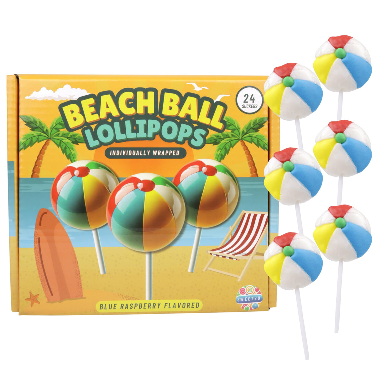 Sweetzo Beach Ball Lollipop in blue raspberry, perfect for tropical party favors.