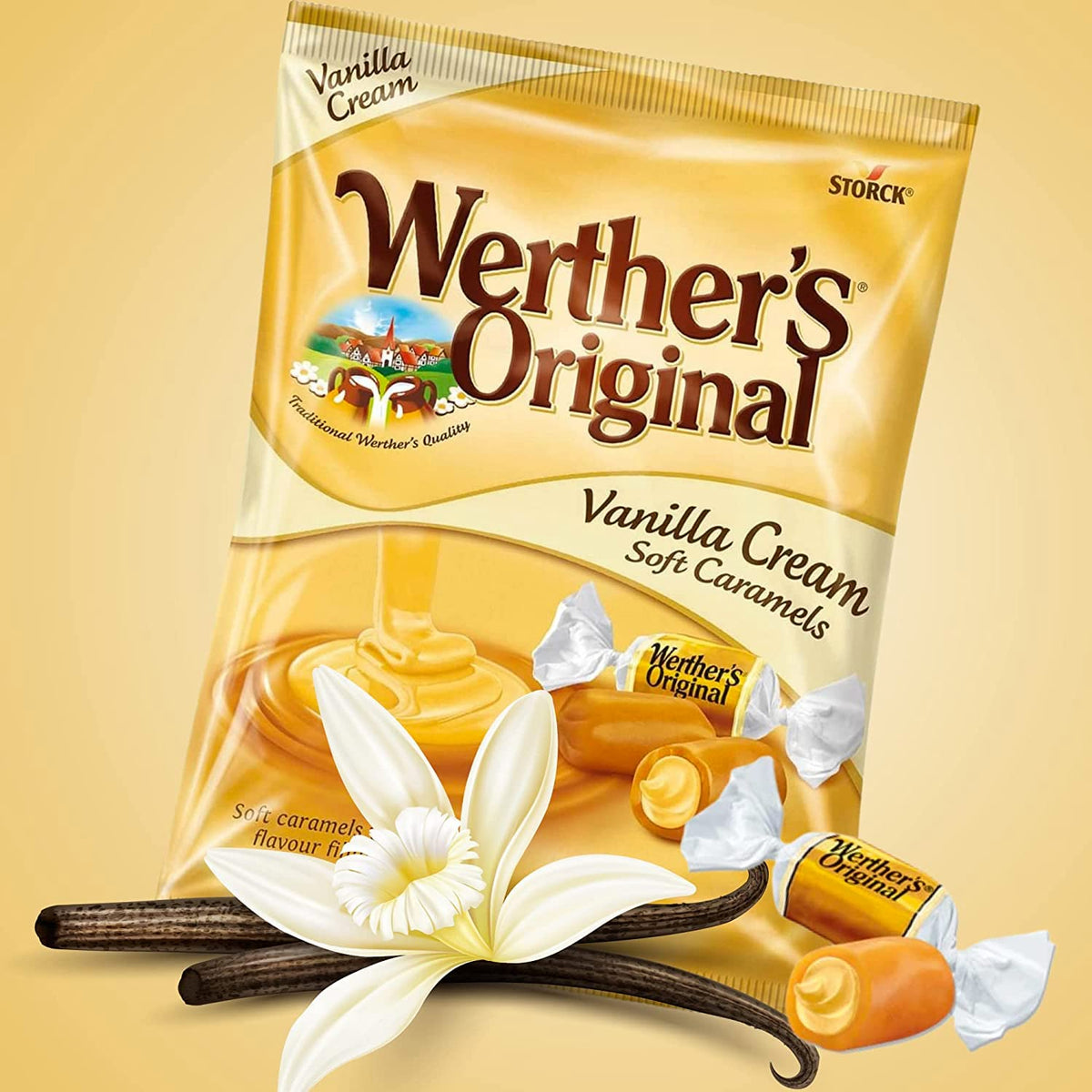 Sweetzo Caramel soft chews close-up, glossy wrappers and rich aroma.