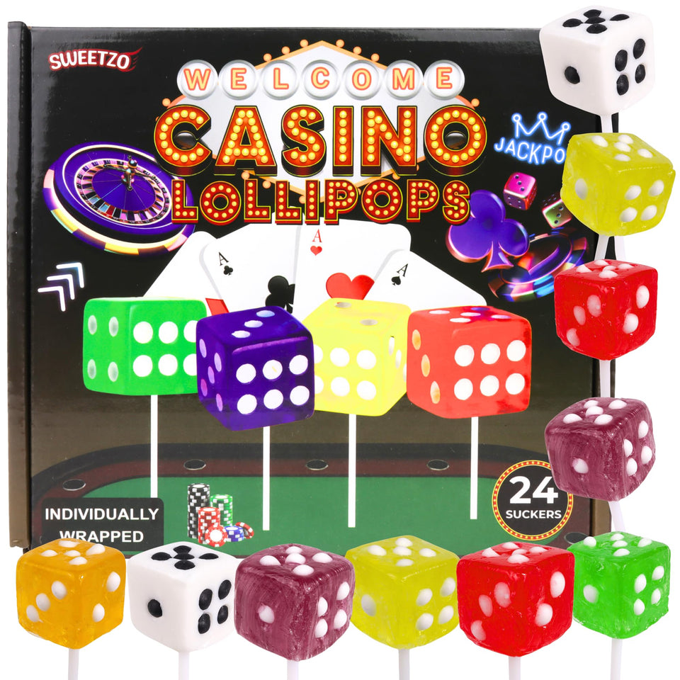 Sweetzo dice lollipops in casino theme for party favors and decor.