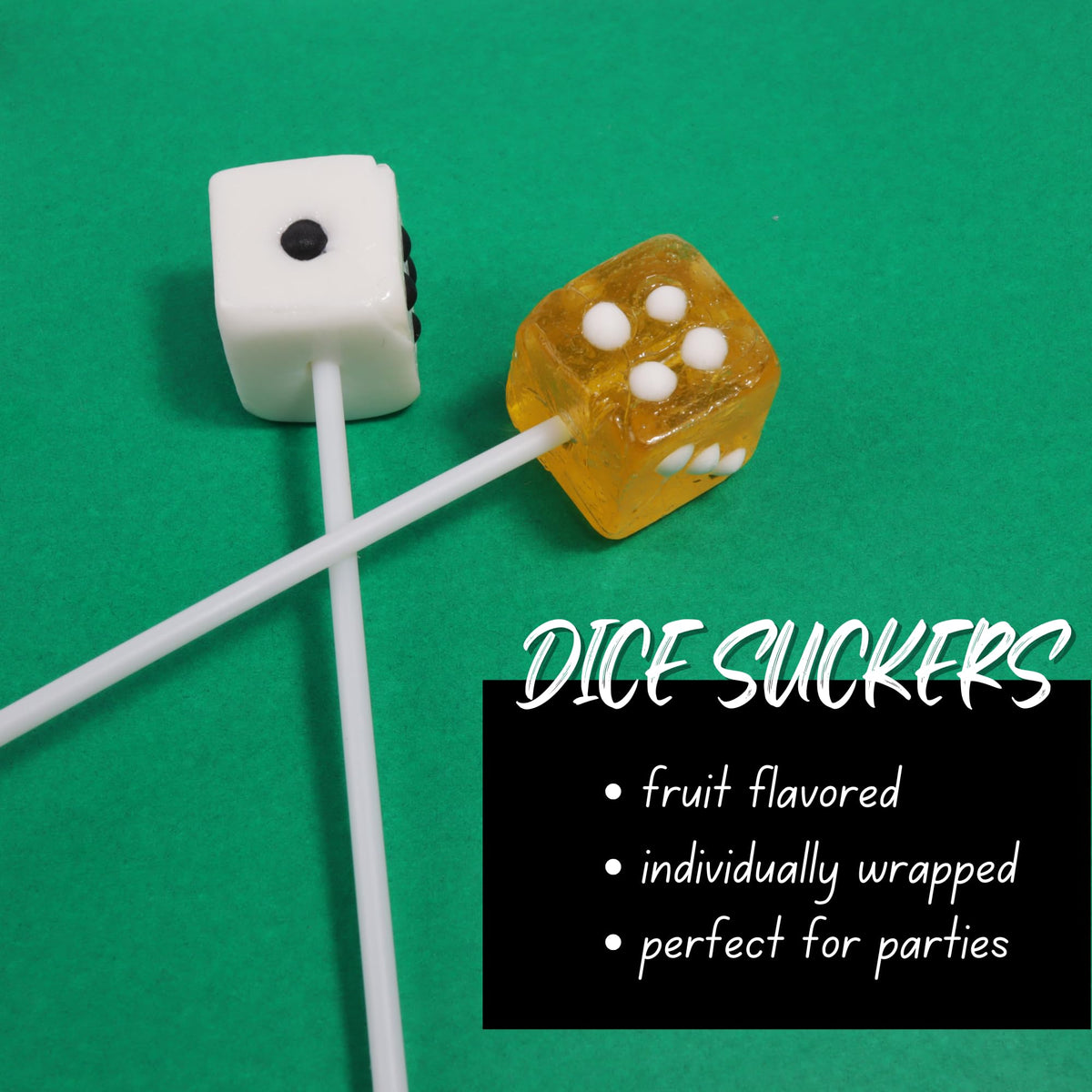 Sweetzo dice-shaped lollipops with assorted fruit flavors for group celebrations.