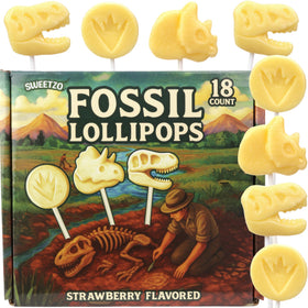 Sweetzo dinosaur fossil lollipops, individually wrapped, ideal for party favors.