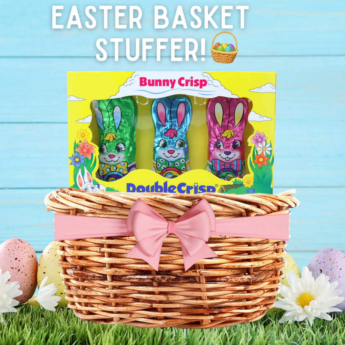 Sweetzo foil-wrapped bunnies arranged in a festive basket packaging