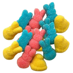 Sweetzo Peeps Gummies chick closeup reveals bright colors for Easter celebrations.