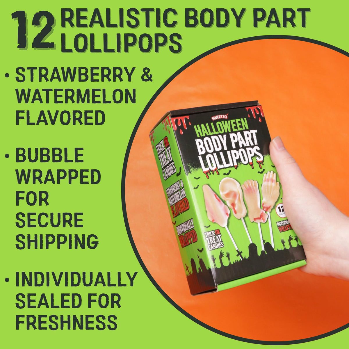Sweetzo foot-shaped lollipop with creepy charm for trick-or-treat.