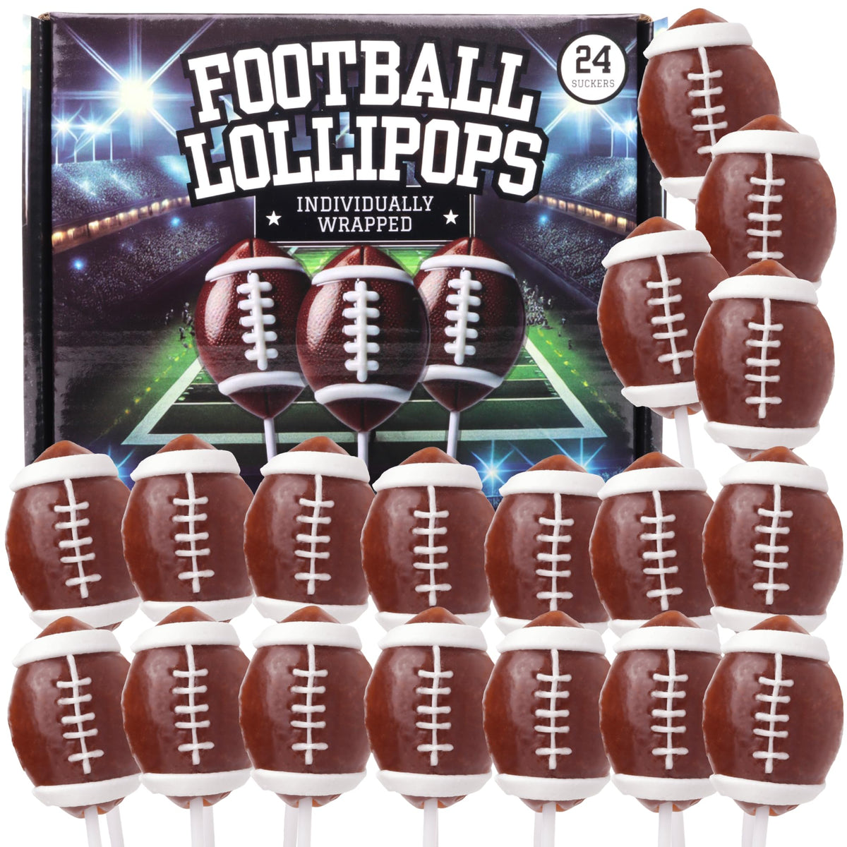 Sweetzo football lollipops shaped like mini footballs, perfect for game-day snacking.