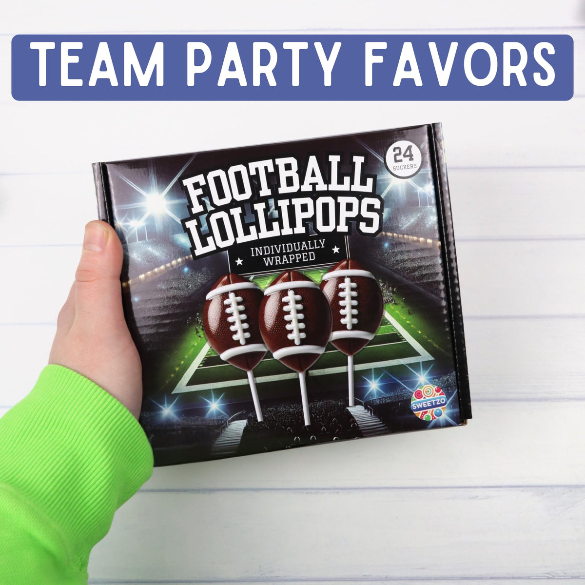 Sweetzo football lollipops in fruit flavors ideal for team celebrations.
