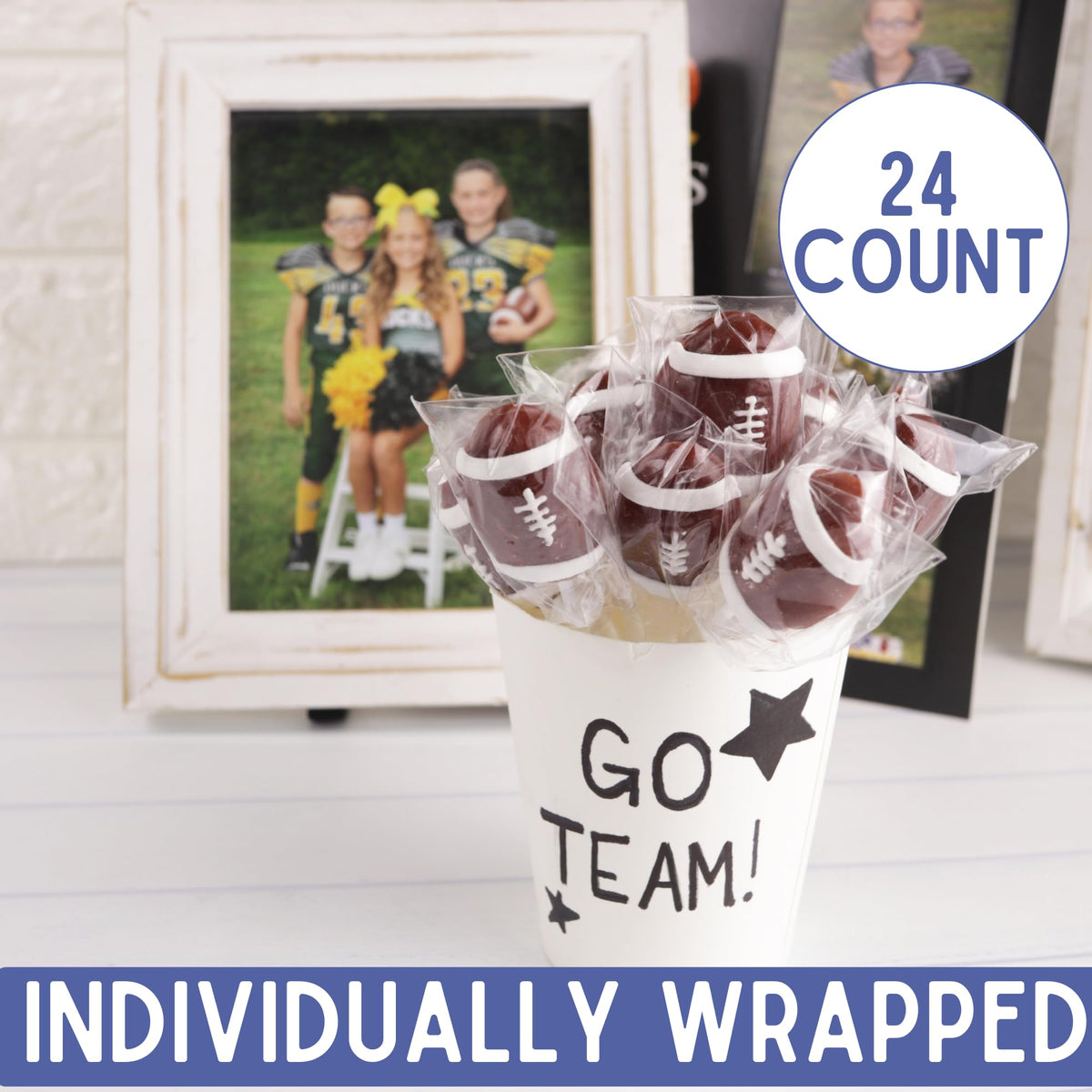 Sweetzo football lollipops designed for sports-themed events and gifting.
