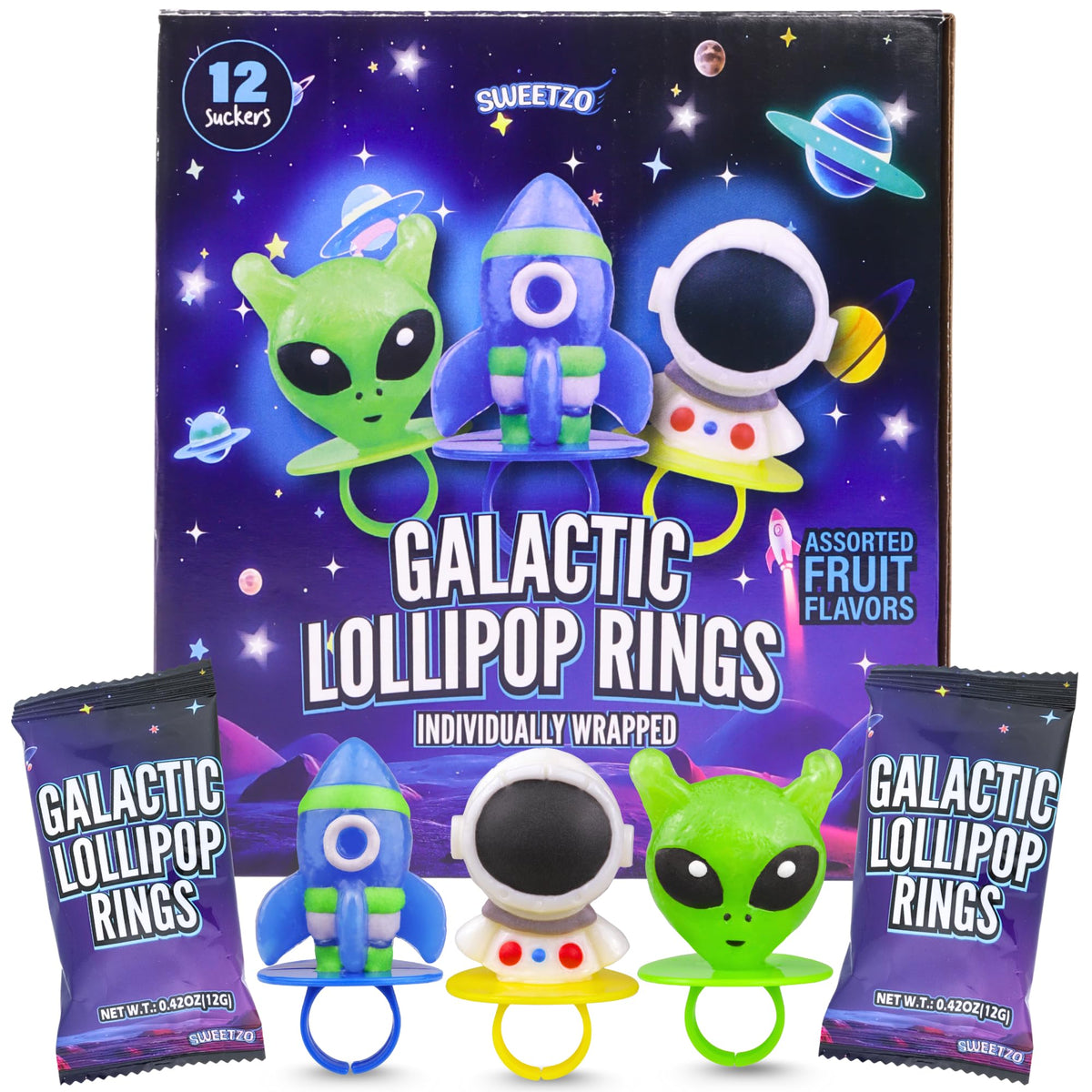 Sweetzo Galactic Lollipop Ring rocket design with bold colors for space-themed parties.