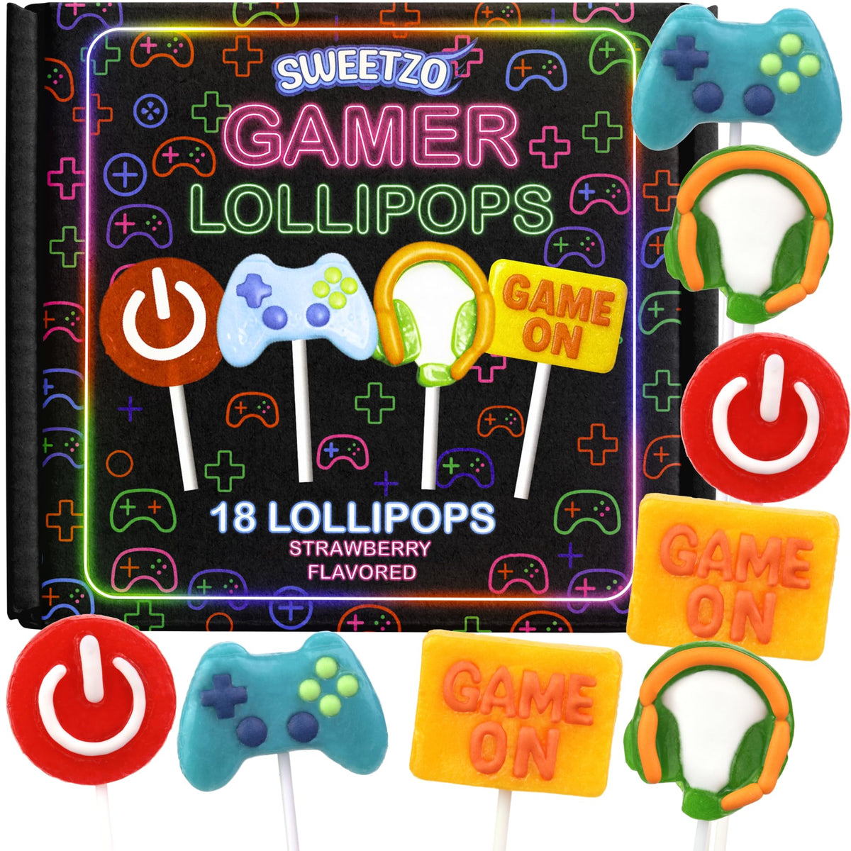 Sweetzo Gamer Lollipops Game On design for lively party treats.