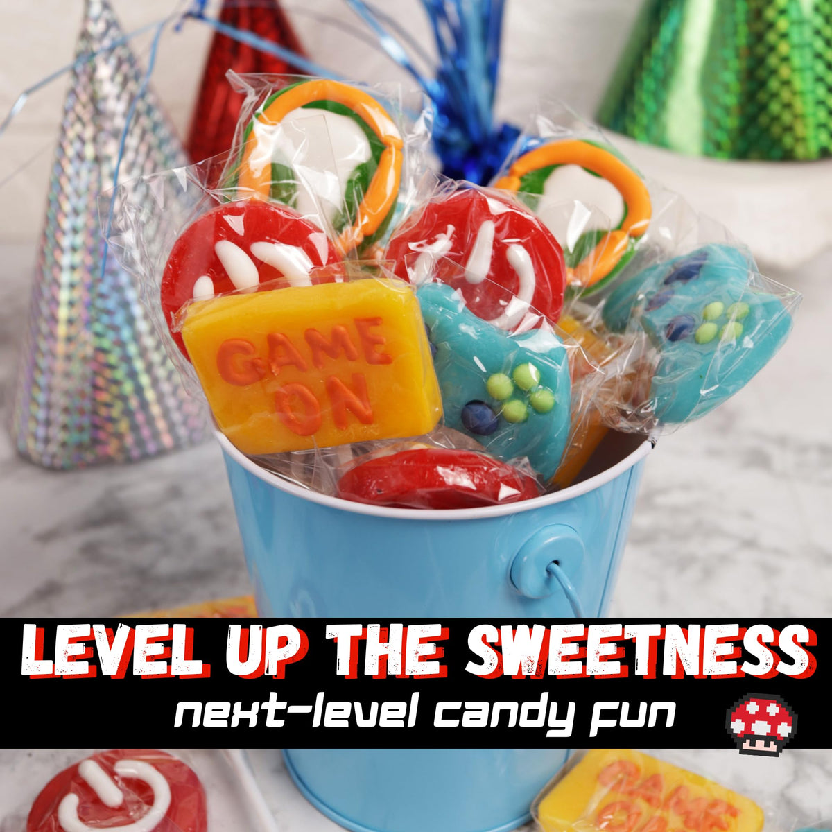 Sweetzo Gamer Lollipops power-button design adds playful snack appeal.