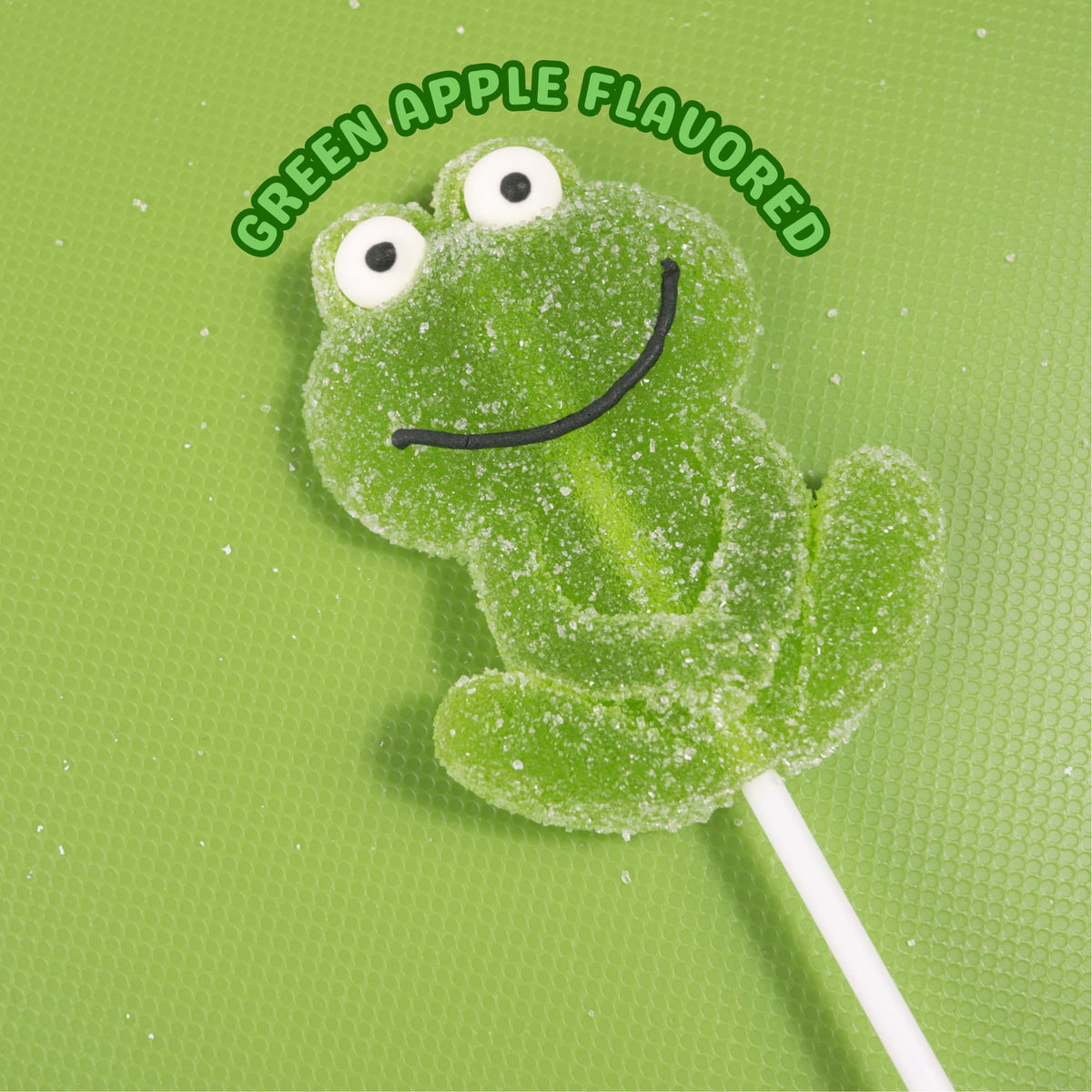 Sweetzo green apple frog jelly lollipop close-up highlighting glossy texture