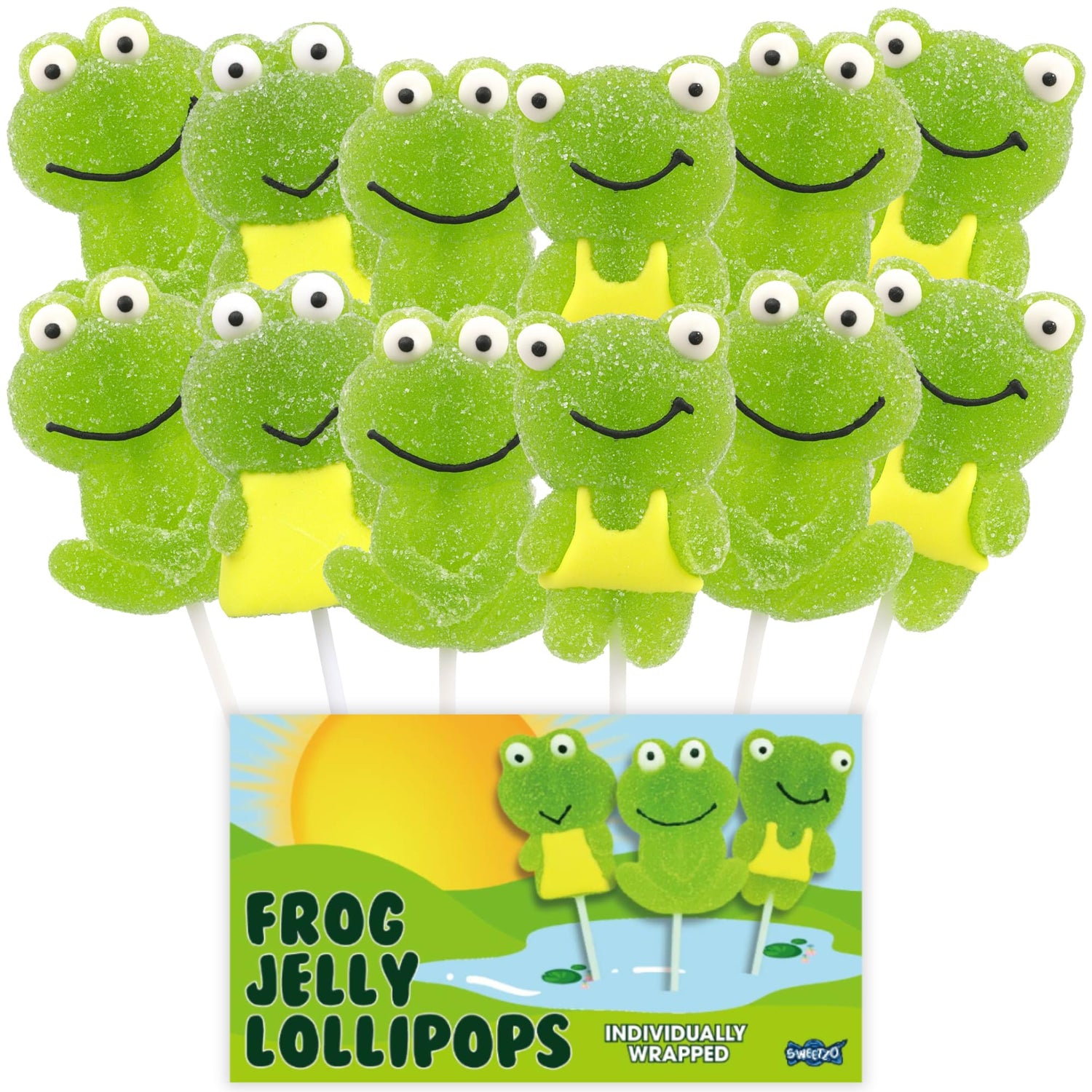 Sweetzo frog jelly lollipop with green apple flavor, ideal for parties