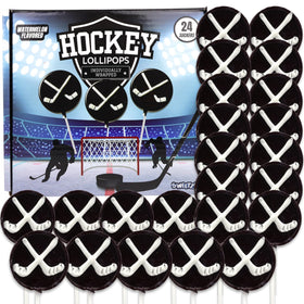 Sweetzo hockey puck lollipop with crossed sticks, ideal for team celebrations and giveaways.