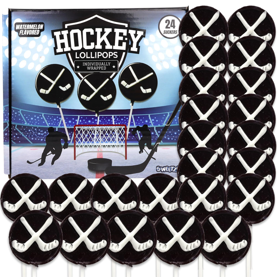 Sweetzo hockey puck lollipop with crossed sticks, ideal for team celebrations and giveaways.