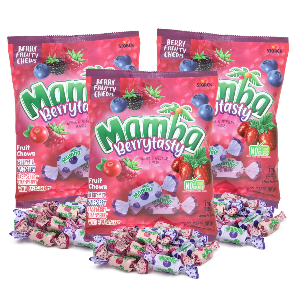 Sweetzo Mamba Berry Tasty Fruit Chews pack with three berry flavors for sharing