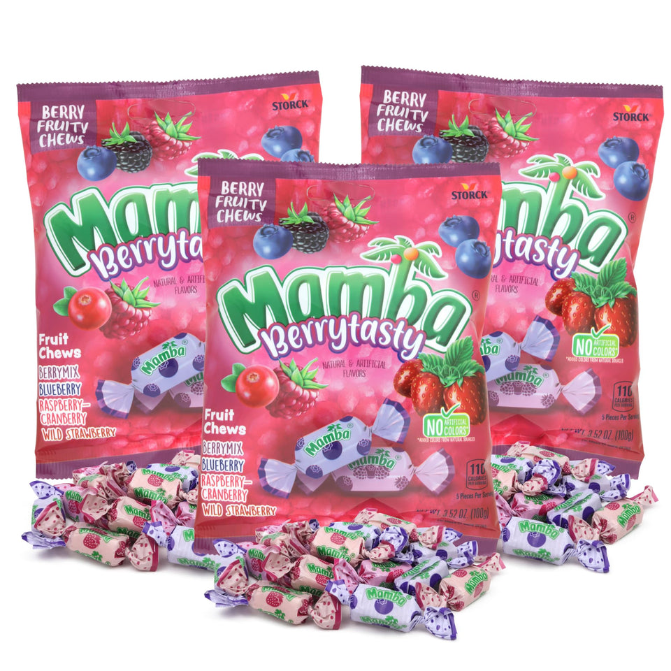 Sweetzo Mamba Berry Tasty Fruit Chews pack with three berry flavors for sharing