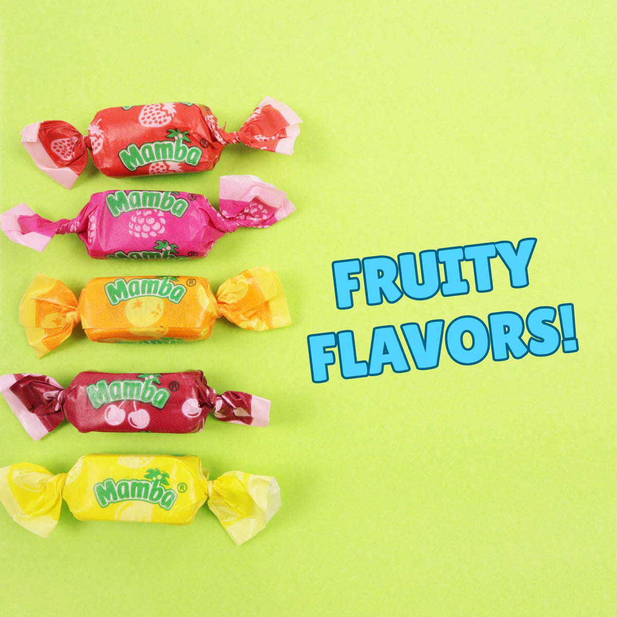Sweetzo Mamba Fruit Chews Fruit Chews pack closeup with bright fruity pieces
