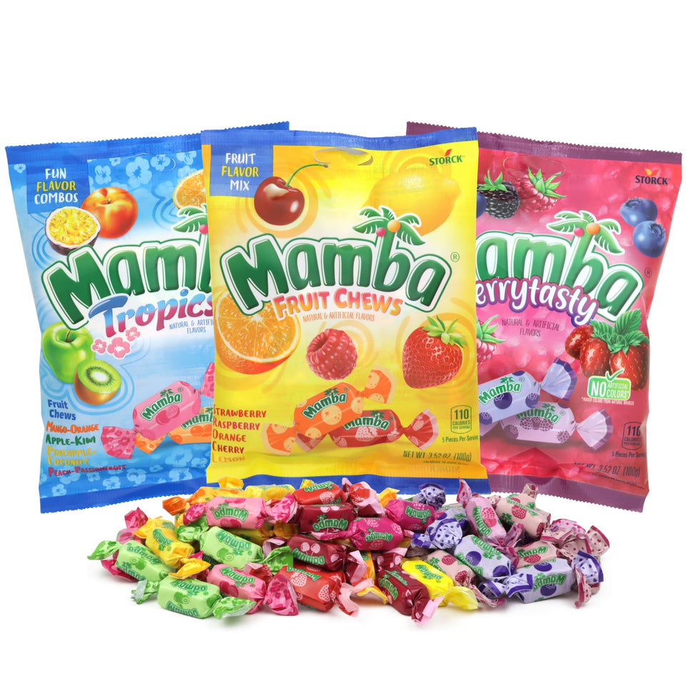 Sweetzo Mamba Fruit Chews Variety Pack front view ideal for on the go snacking
