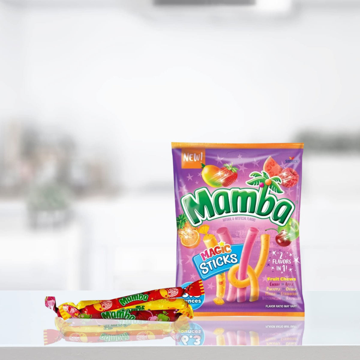 Sweetzo Mamba Fruit Sticks assorted flavors, vibrant colors energize snack time.