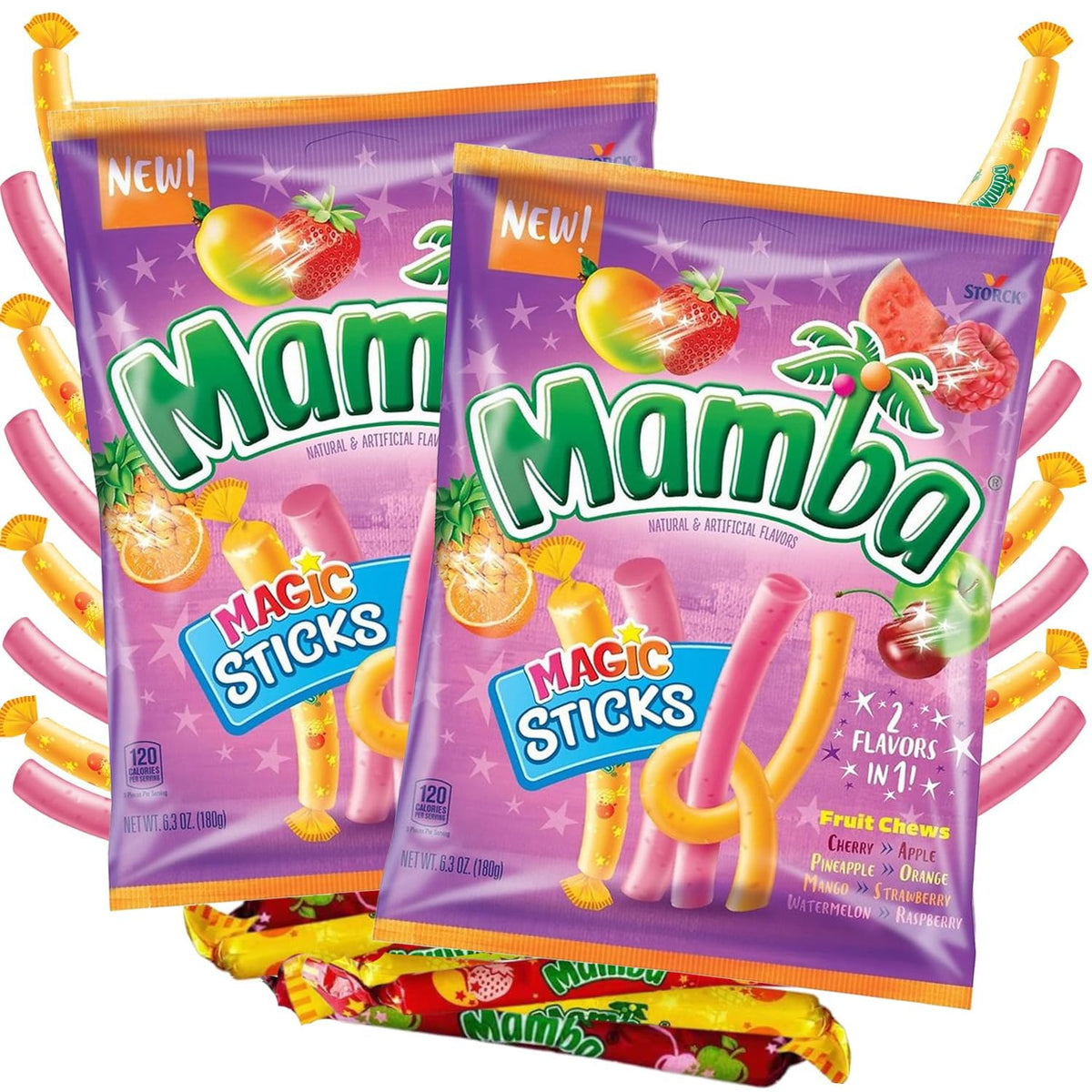Sweetzo Mamba Fruit Sticks pack of 2 shown in a convenient peg bag, ideal for sharing.