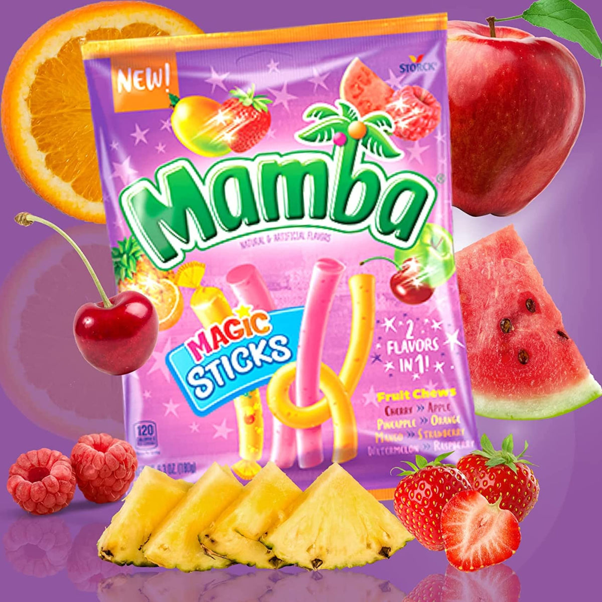 Sweetzo Mamba Fruit Sticks peg bag display, easy portioning for kids' lunches.
