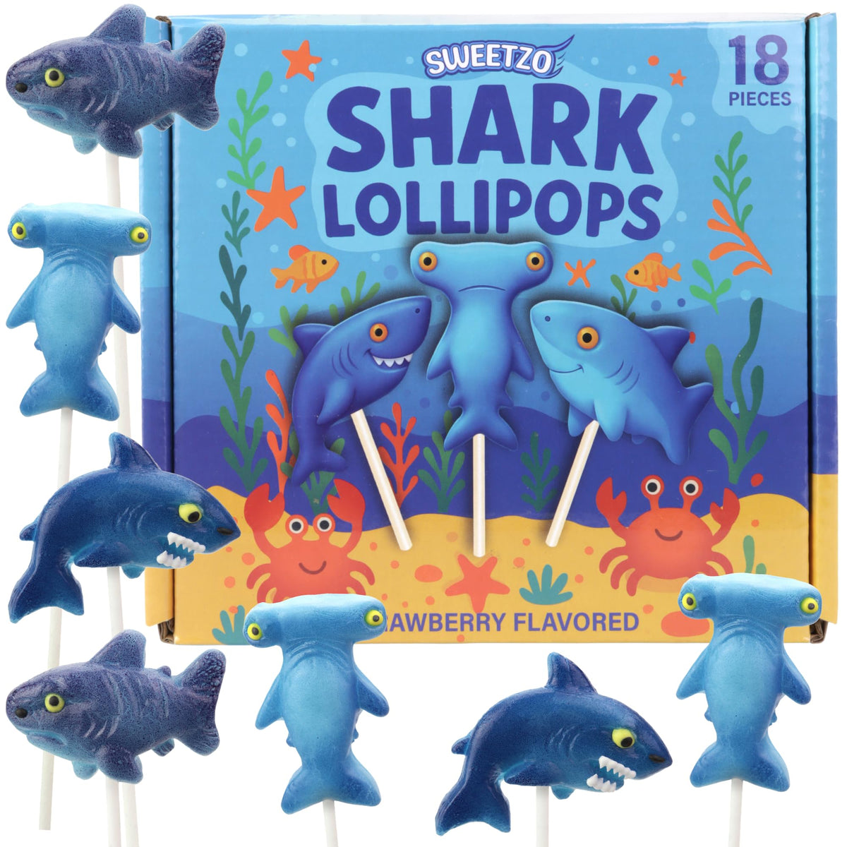 Sweetzo Shark Lollipops with a flat 2D design for party decor and sharing.