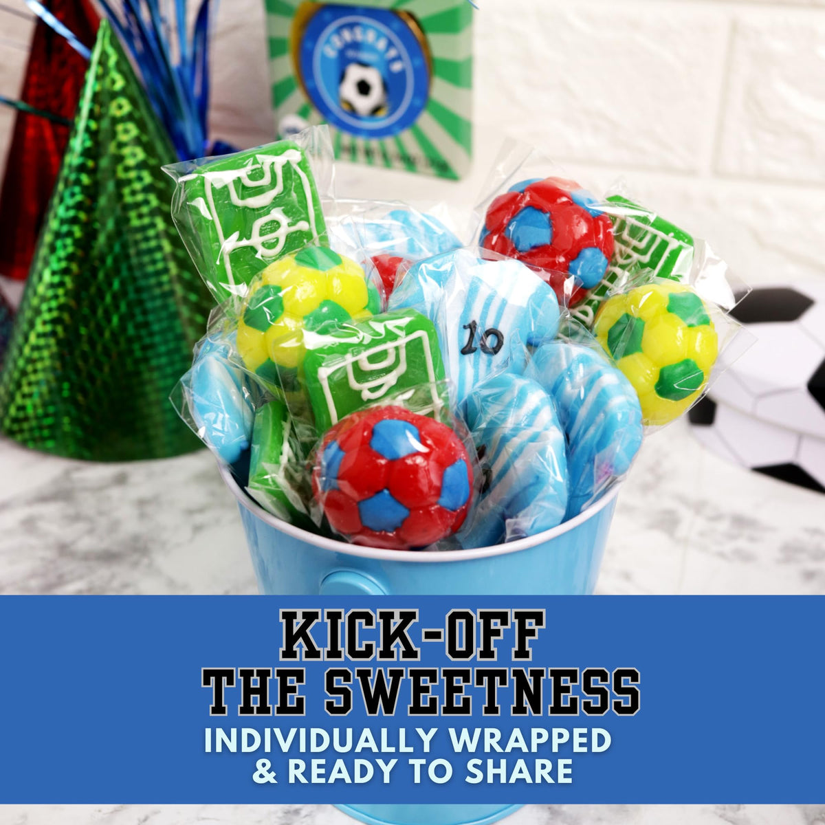 Sweetzo soccer lollipops individually wrapped for easy distribution at parties.