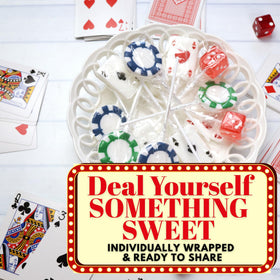 Sweetzo strawberry dice lollipops offer fruity flavor and dice visuals.