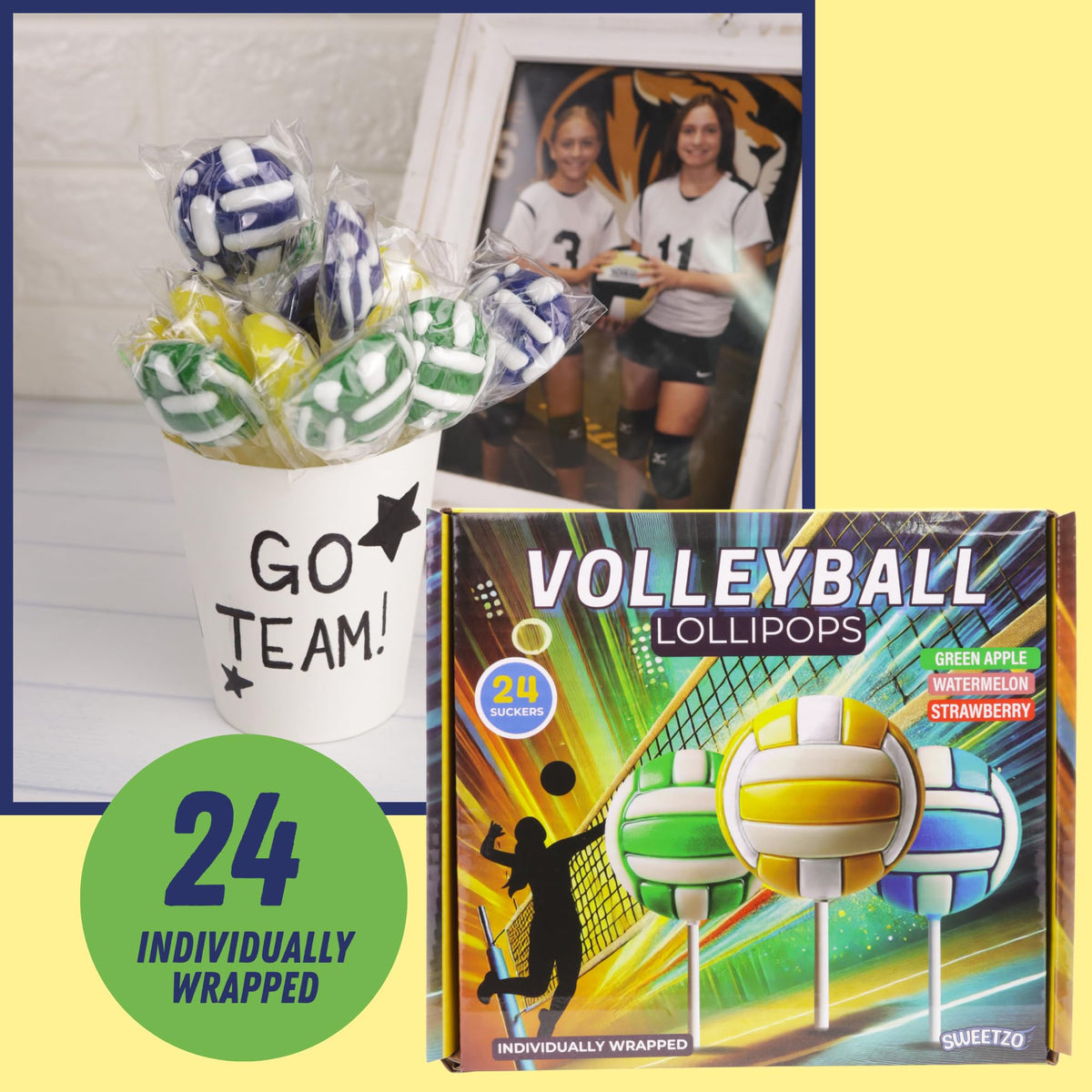 Sweetzo volleyball lollipop strawberry flavor: bright treat for teams.