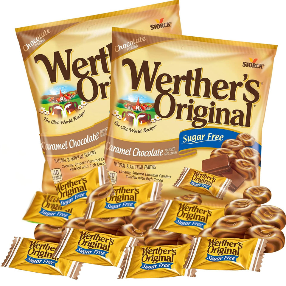 Sweetzo Werther's Original sugarfree hard candies in a resealable bag for on-the-go indulgence.