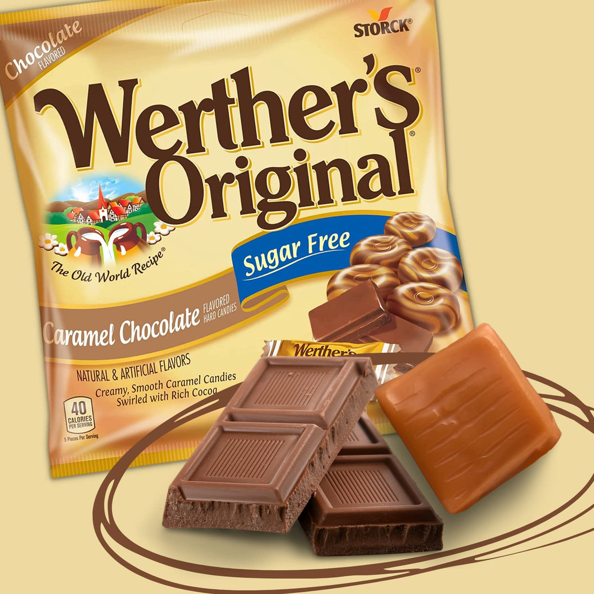 Sweetzo Werther's Original sugarfree hard candies in gift-ready packaging.