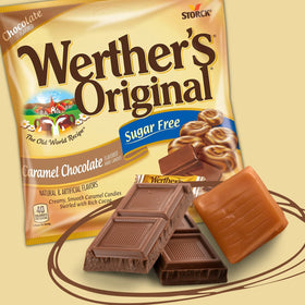 Sweetzo Werther's Original sugarfree hard candies in gift-ready packaging.