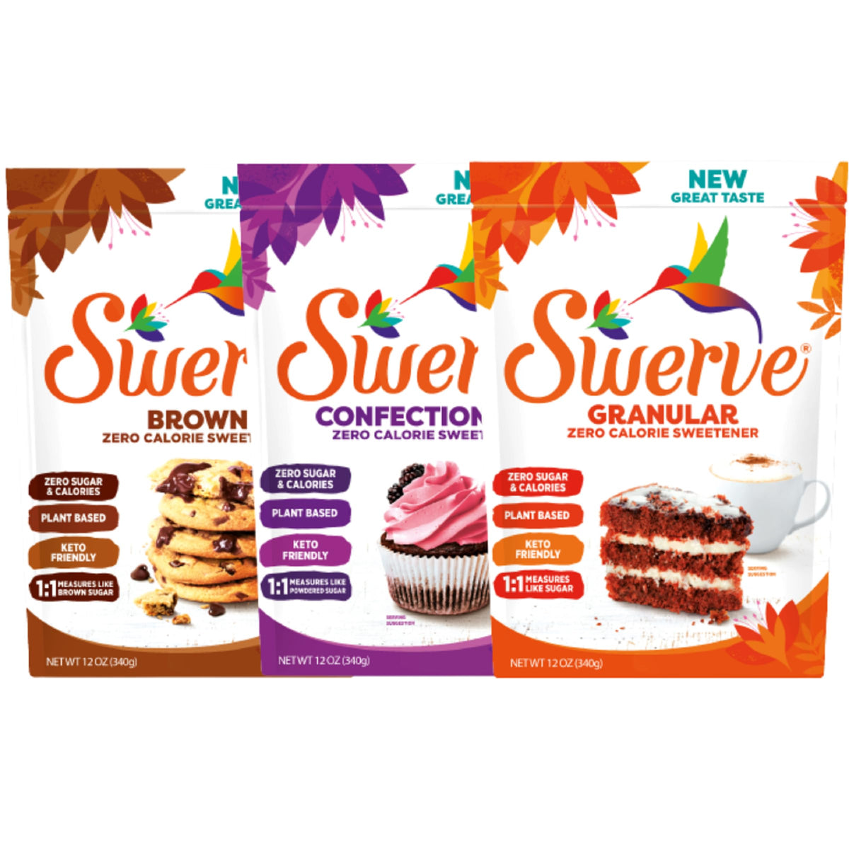 Swerve Granular sugar replacement bag highlights zero calories for keto-friendly baking.