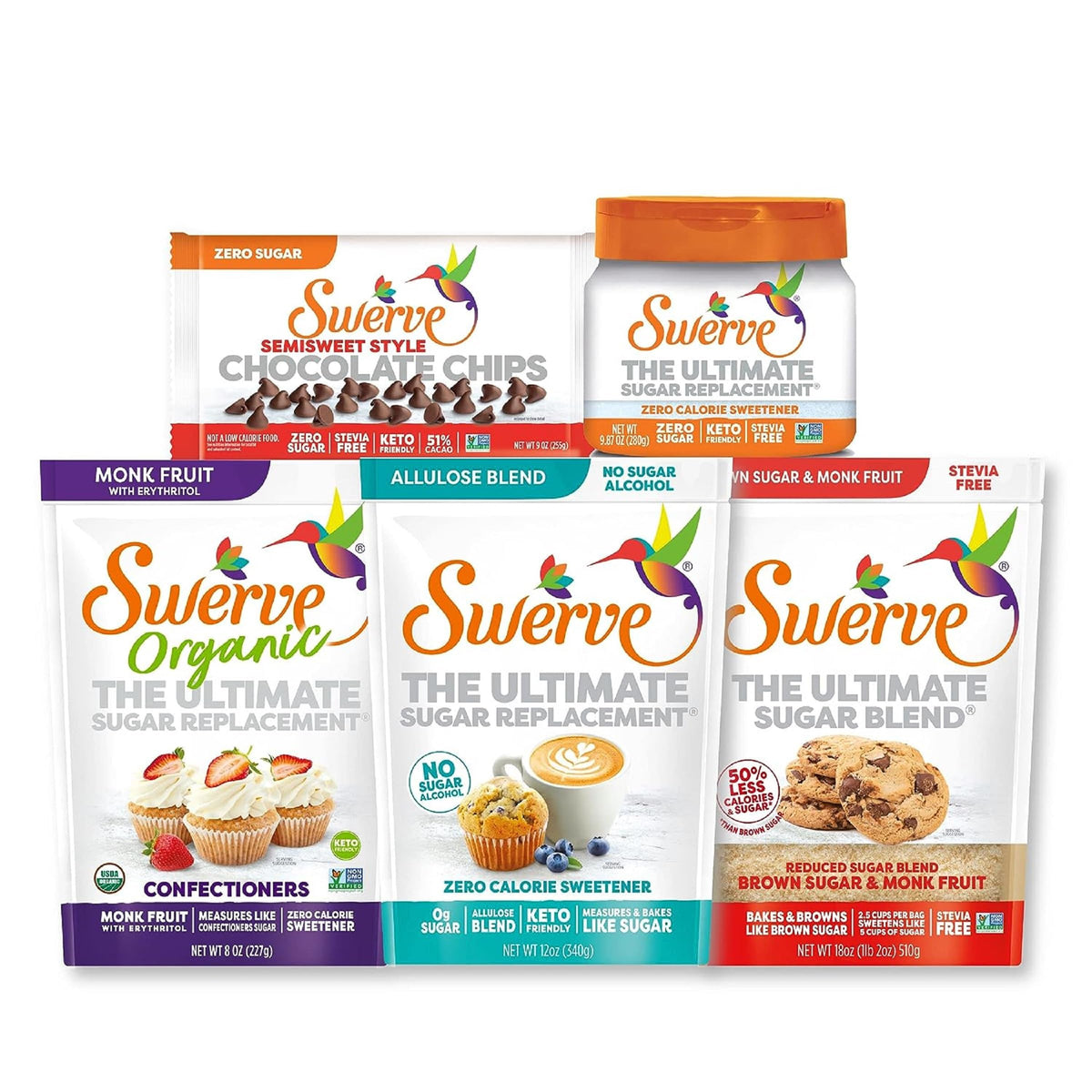 Swerve 3-pack packaging for flexible sugar substitutes in your kitchen.
