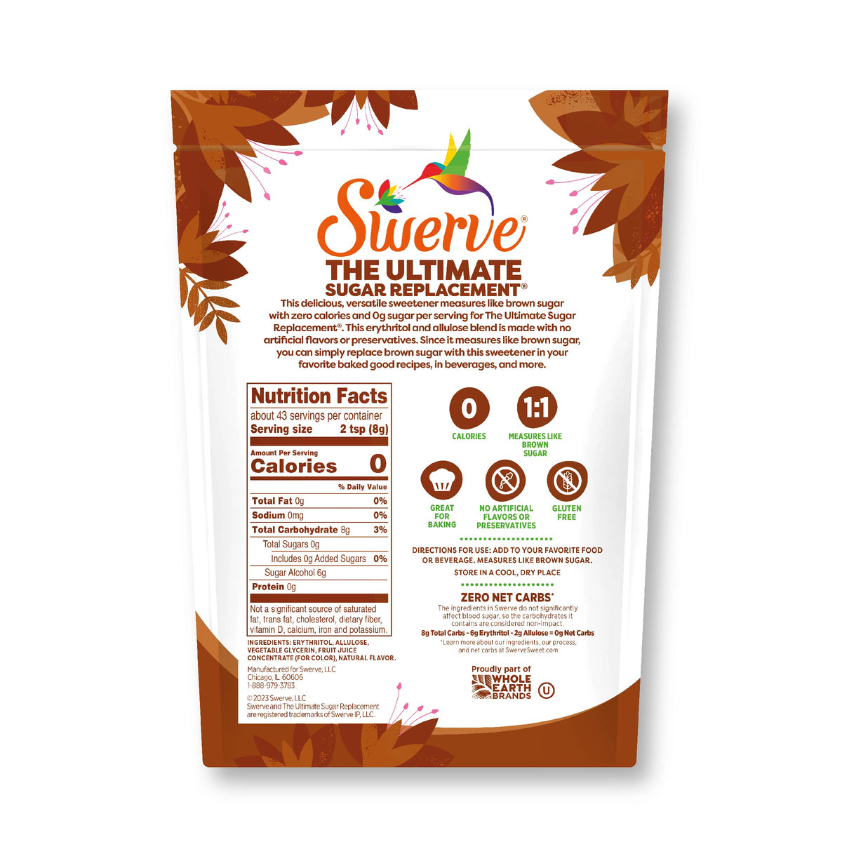 Swerve measuring spoon portioning brown sugar substitute for baking.