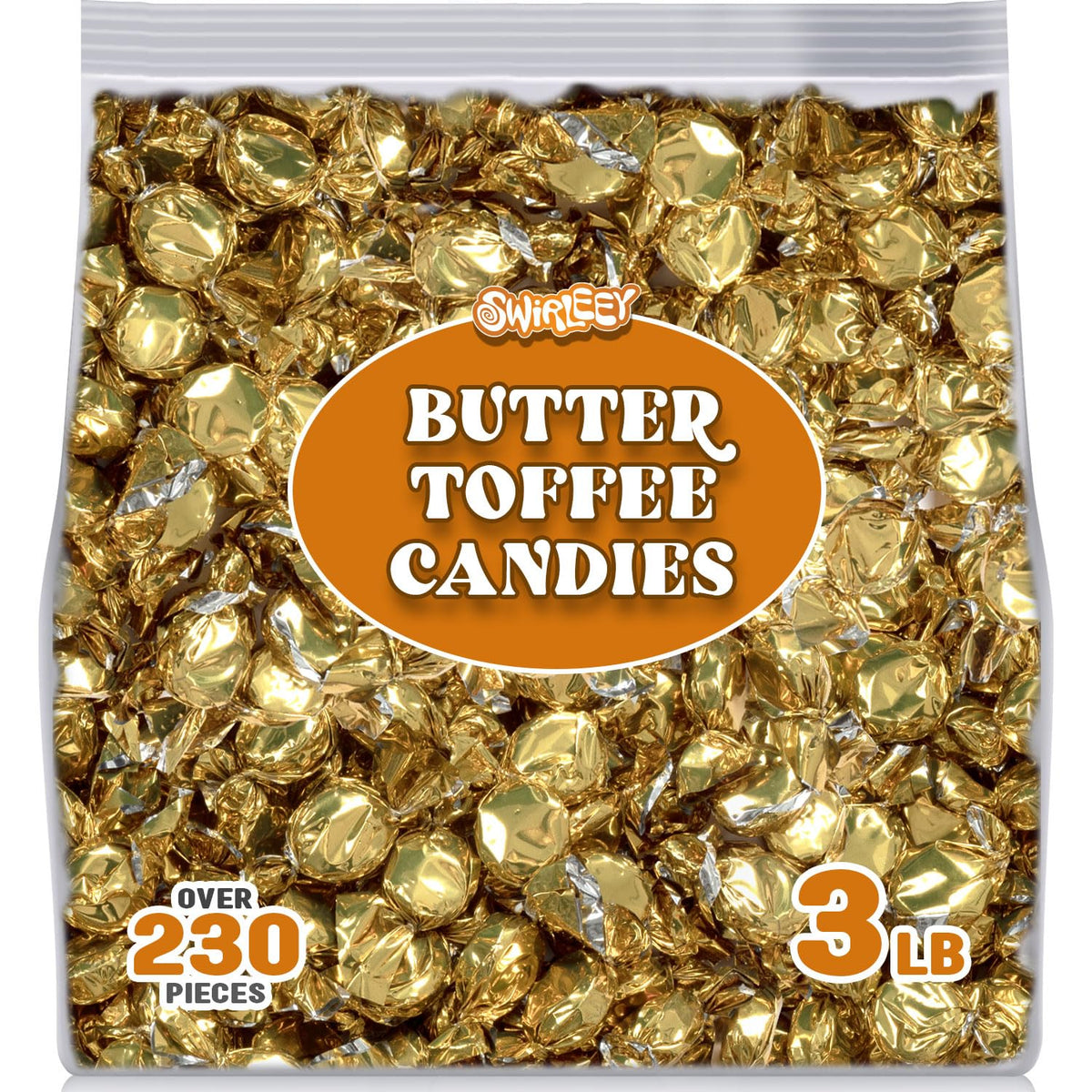 SWIRLEEY gold-foil packaging on toffee candies, ideal for gifting.