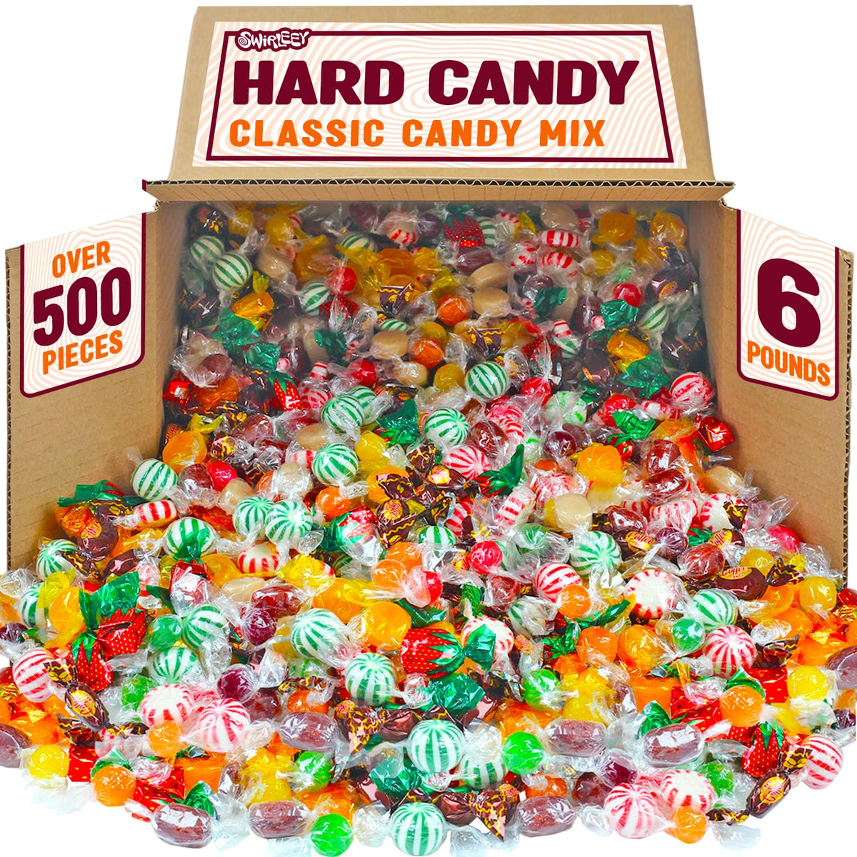Swirleey Hard Candy Assortment packaging showcases colorful wrappers for freshness on desks and events.