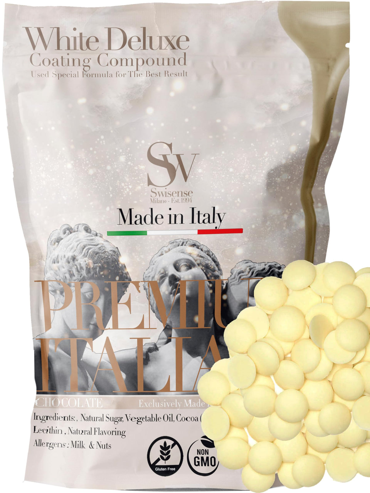 Swisense white chocolate melts 2 lb package ready for easy storage in a resealable bag