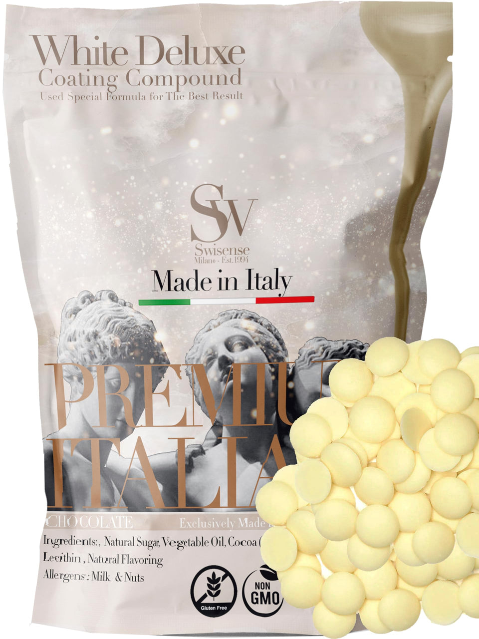 Swisense white chocolate melts 2 lb package ready for easy storage in a resealable bag