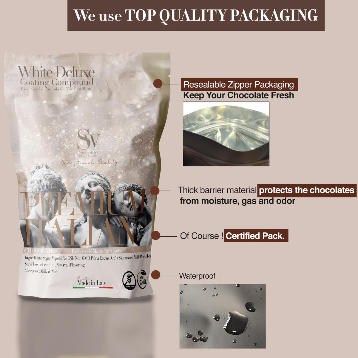 Italy-made facility badge emphasizes safe production for Swisense chocolate melts