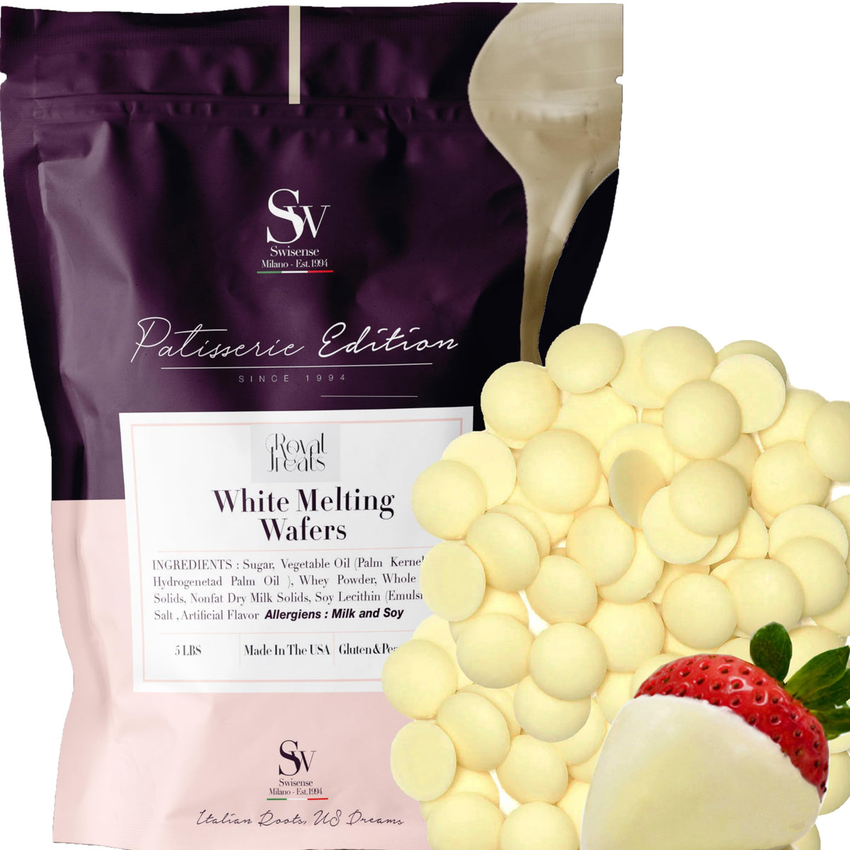 Swisense white melting chocolate bulk pack ready for baking and dipping.