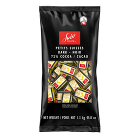 Swiss Delice dark chocolate squares, 72% cacao, individually wrapped for gifting.
