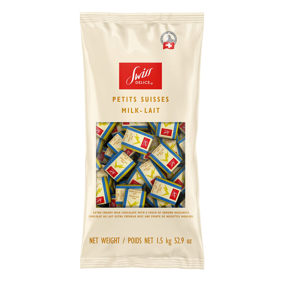 Swiss Delice extra creamy milk chocolate pieces wrapped individually, ideal for sharing.