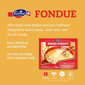 Heritage Swiss cheeses used in Swiss Knight fondue for authentic flavor.