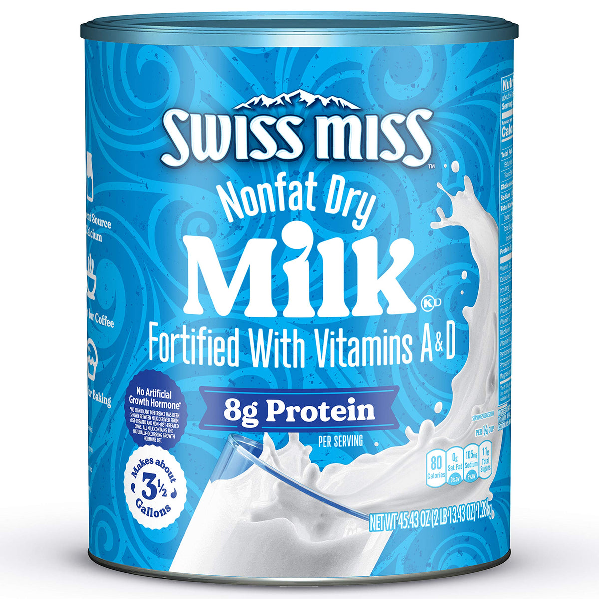 Swiss Miss canister front view showing shelf-stable milk for pantry storage