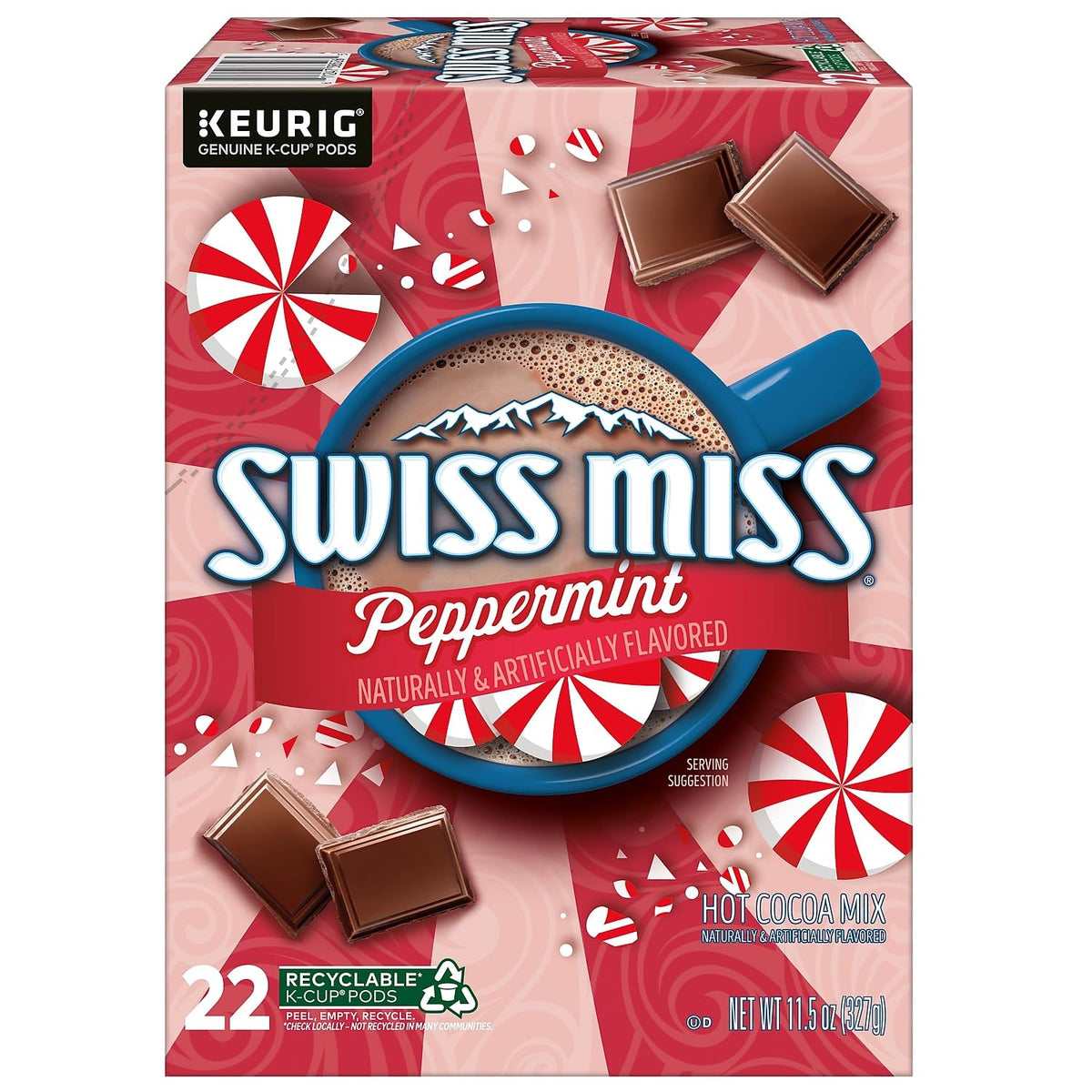 Recycled carton packaging for Swiss Miss cocoa mix.