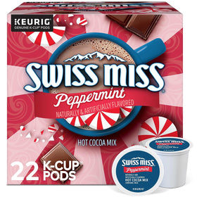 Swiss Miss peppermint hot cocoa box for Keurig pods, ready to brew a cozy mug.