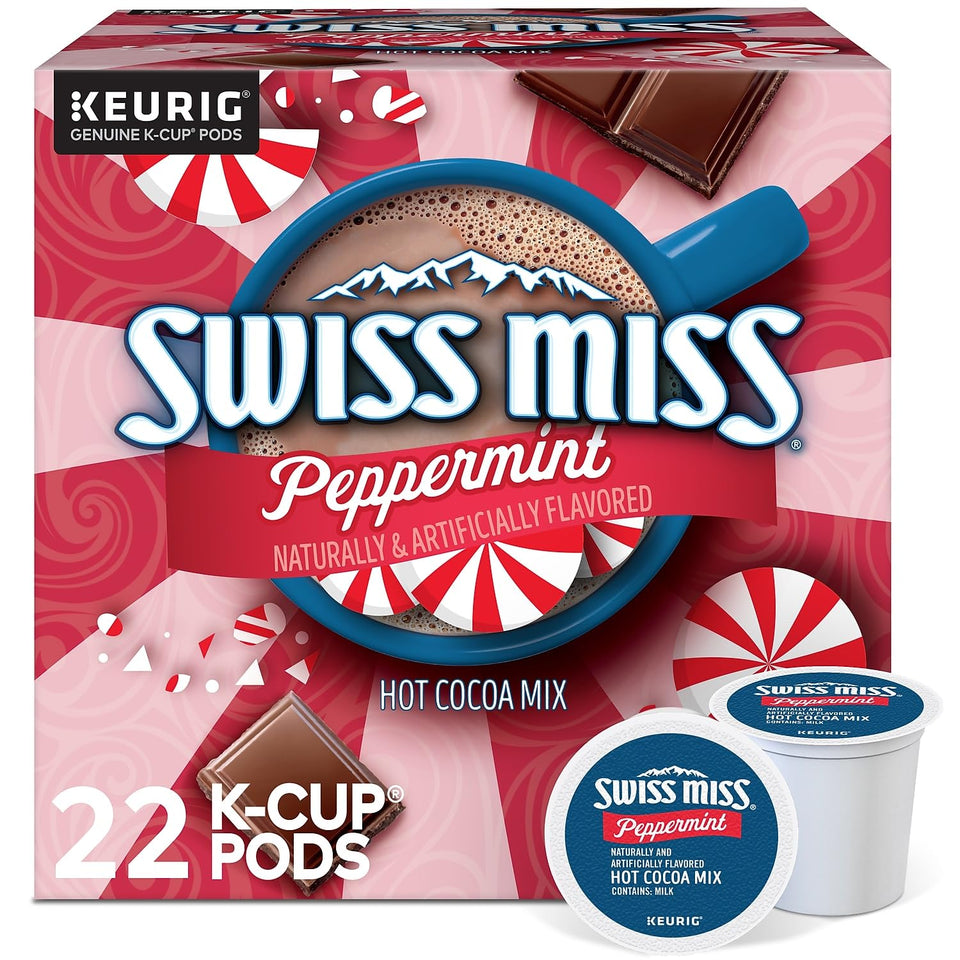 Swiss Miss peppermint hot cocoa box for Keurig pods, ready to brew a cozy mug.