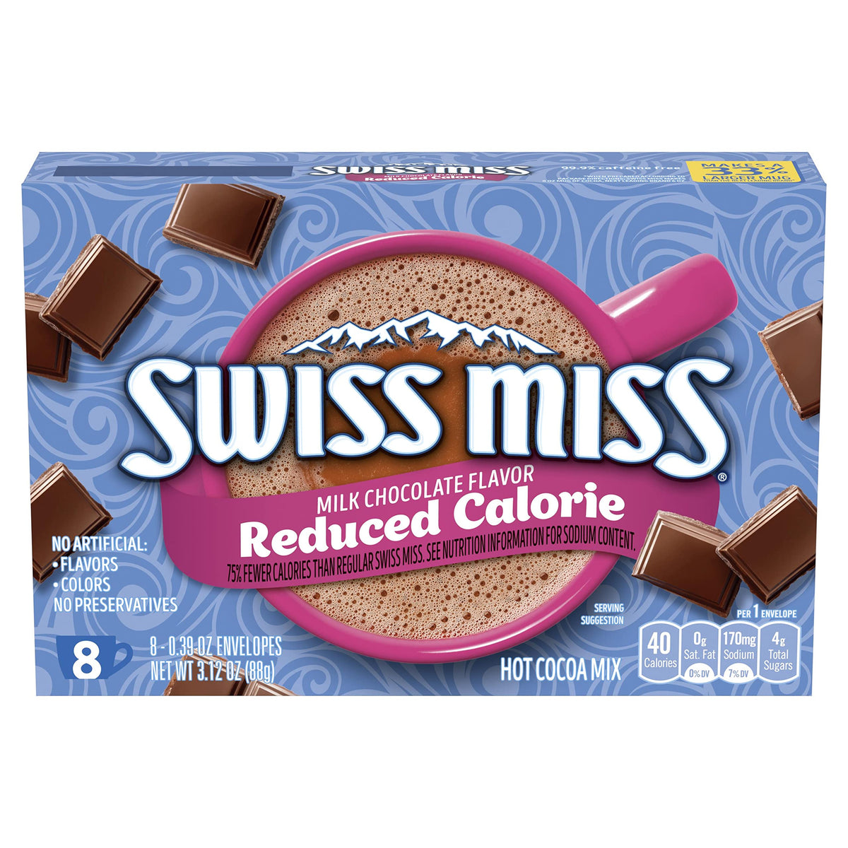 Swiss Miss hot cocoa packet for quick, lower-calorie chocolate comfort.