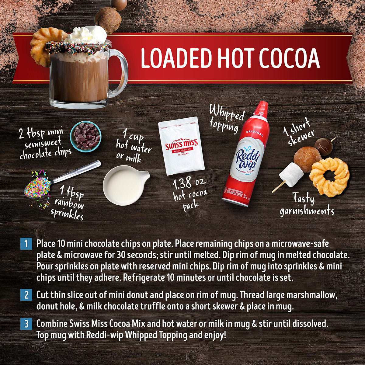 Steaming mug of Swiss Miss cocoa ready to sip.